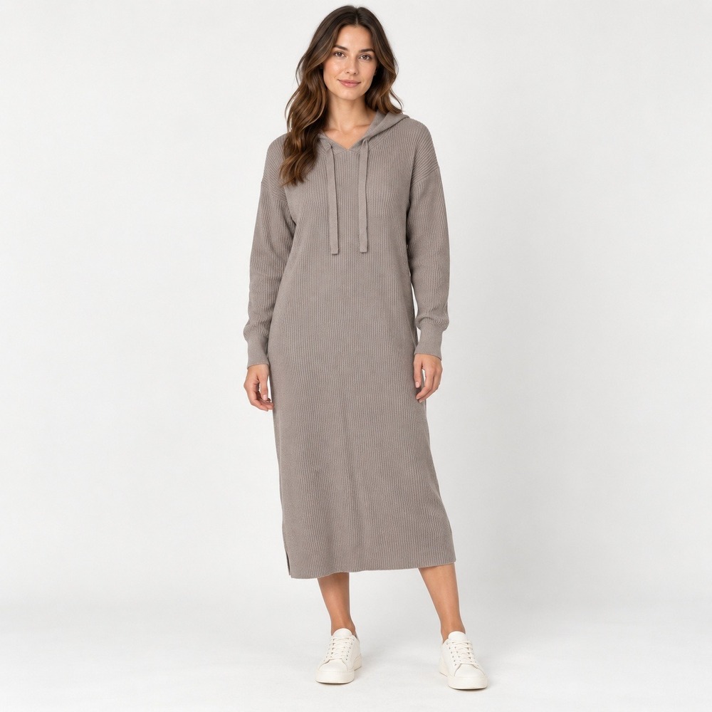 The Drop Ribbed Hooded Midi Sweater Dress Women M Taupe Long Sleeve